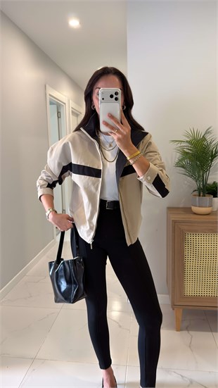 Nilana Taş Şerit Detaylı Fermuarlı Ceket