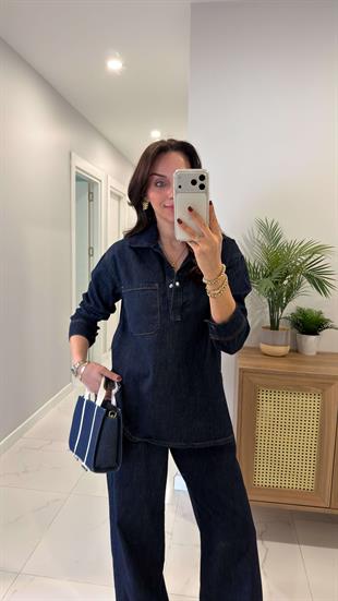 Ninnas Dark Blue Kapak Cep Detaylı Denim İkili Takım