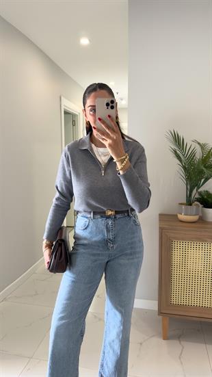 Ninsa Gri Fermuar Detaylı Uzun Kol Triko