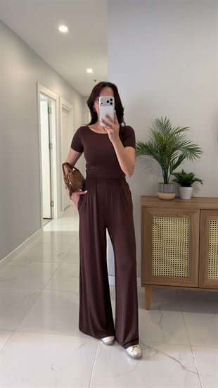Noigas Kahve Kayık Yaka Kısa Kollu Pantolon Takım