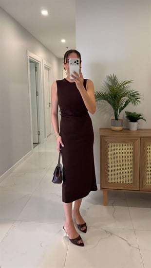 Nomder Kahve Kemer Detaylı Elbise