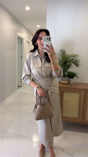 Nonsa Taş Şal Kemer Detaylı Gömlek Elbise