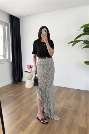 Nora Gri Mavi Yanı Fırfır Detaylı Şort Astarlı Etek