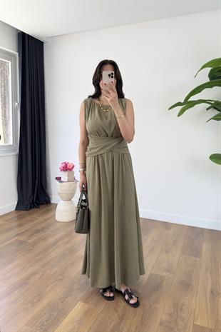 Nora Haki Çarpraz Bel Detaylı Maxi Keten Elbise