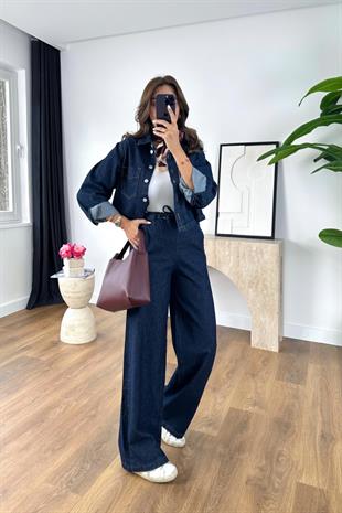 Nowa Lacivert Denim Beli Lastikli Pantolon Ceket Takım