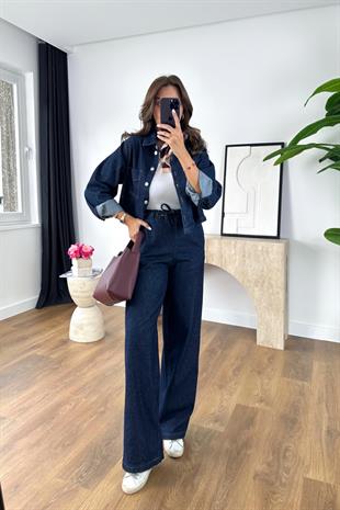 Nowa Lacivert Denim Beli Lastikli Pantolon Ceket Takım