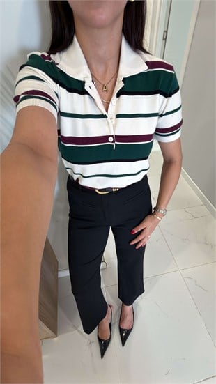 Nudes Ekru Yeşil Çizgili Polo Yaka Triko