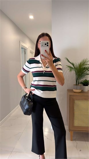 Nudes Ekru Yeşil Çizgili Polo Yaka Triko