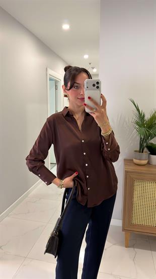 Nudras Kahve Saten Gömlek