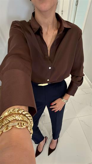 Nudras Kahve Saten Gömlek