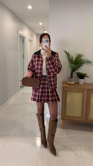 Nuga Bordo Ekose Premium Çift Kemerli Pileli Etek