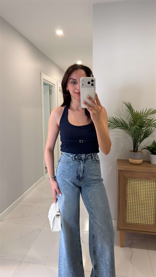 Nullas Lacivert Halter Yaka Toka Detaylı Bluz