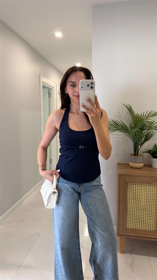 Nullas Lacivert Halter Yaka Toka Detaylı Bluz