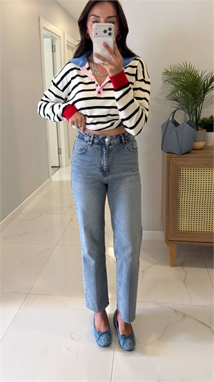 Nutre Açık Mavi Kar Yıkama Boy Fit Kesik Paça Jean
