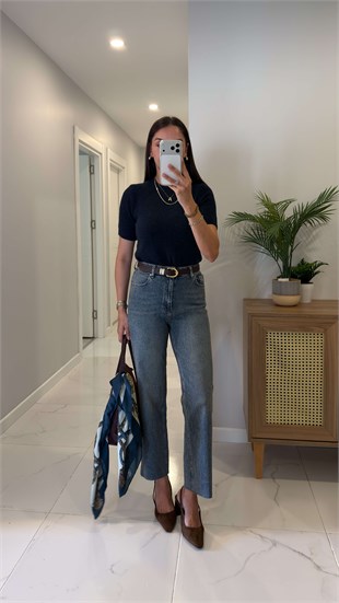 Nutre Orta Ton Mavi Kar Yıkama Boy Fit Kesik Paça Jean
