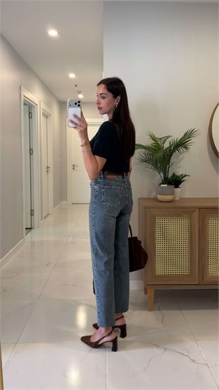 Nutre Orta Ton Mavi Kar Yıkama Boy Fit Kesik Paça Jean