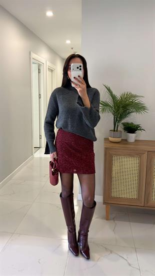 Okwe Bordo Astarlı Simli Etek
