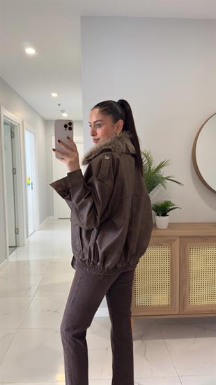 Onda Acı Kahve Çıkarılabilir Kürk Yakalı Deri Ceket