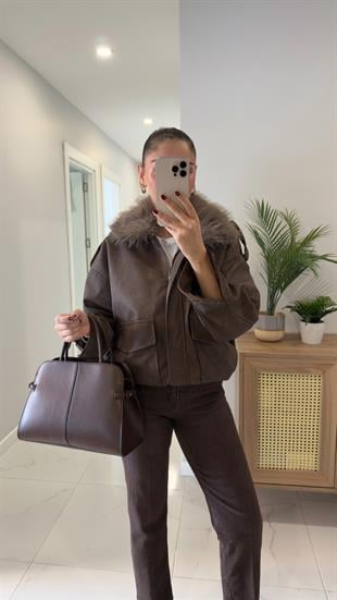 Onda Acı Kahve Çıkarılabilir Kürk Yakalı Deri Ceket