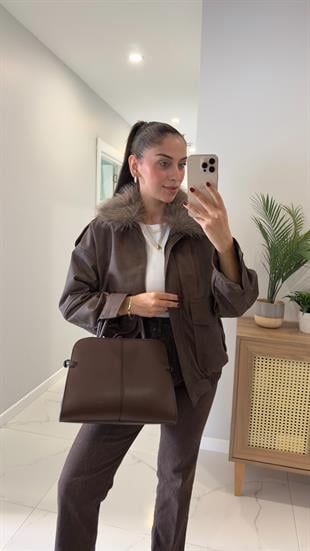 Onda Acı Kahve Çıkarılabilir Kürk Yakalı Deri Ceket