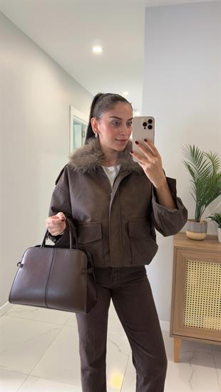 Onda Acı Kahve Çıkarılabilir Kürk Yakalı Deri Ceket