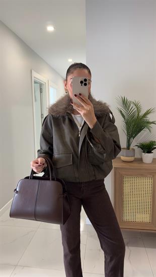 Onda Haki Çıkarılabilir Kürk Yakalı Deri Ceket