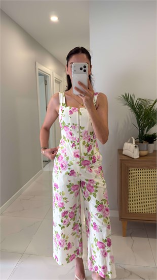 Ones Ekru Pembe Çiçek Desenli Korseli Bluz Pantolon Takım