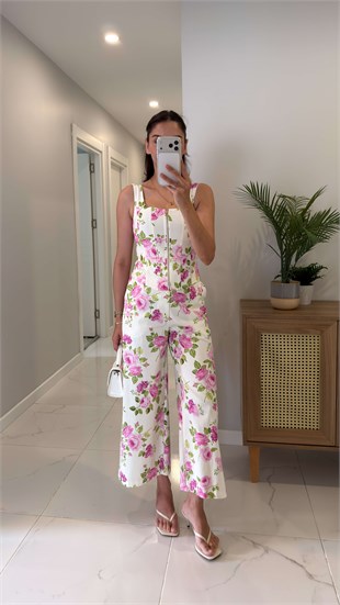 Ones Ekru Pembe Çiçek Desenli Korseli Bluz Pantolon Takım