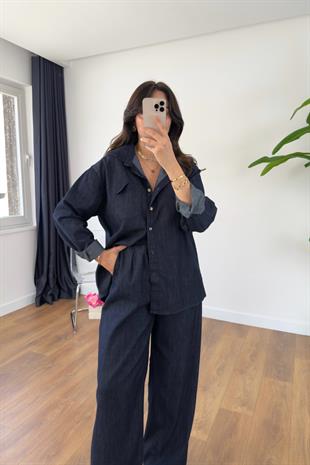 Onna Dark Blue Premium Denim Gömlek Pantolon Takım