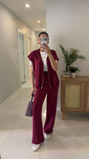 Onwey Bordo Fermuarlı Yelek Pantolon Modal Takım