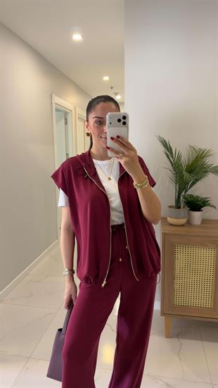 Onwey Bordo Fermuarlı Yelek Pantolon Modal Takım