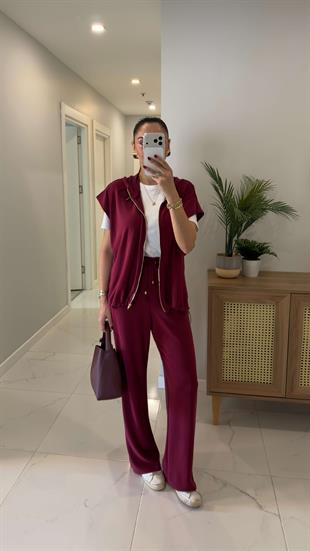 Onwey Bordo Fermuarlı Yelek Pantolon Modal Takım