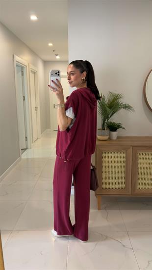 Onwey Bordo Fermuarlı Yelek Pantolon Modal Takım