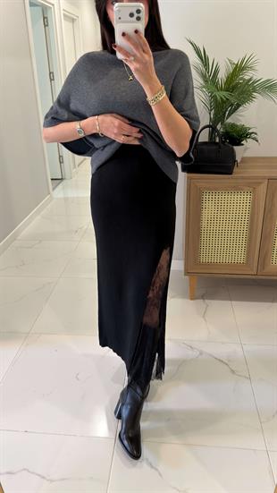 Opera Siyah Dantel Detaylı Triko Etek