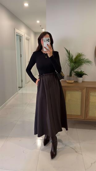Opya Siyah Kahve Premium Beli Lastikli Elbise