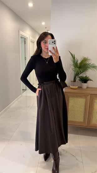 Opya Siyah Kahve Premium Beli Lastikli Elbise