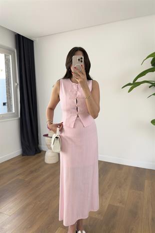 Orsa Pembe Yelek Düğme Detay Etek Astarlı Takım