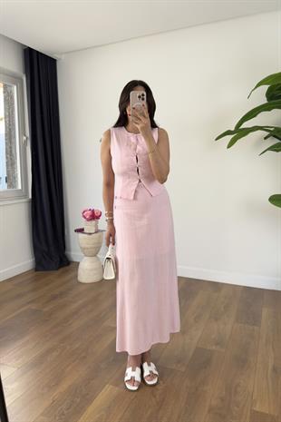 Orsa Pembe Yelek Düğme Detay Etek Astarlı Takım
