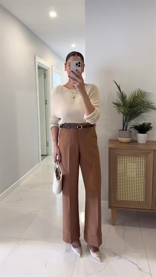 Orya Taba Kemerli Katlı Paça Pantolon