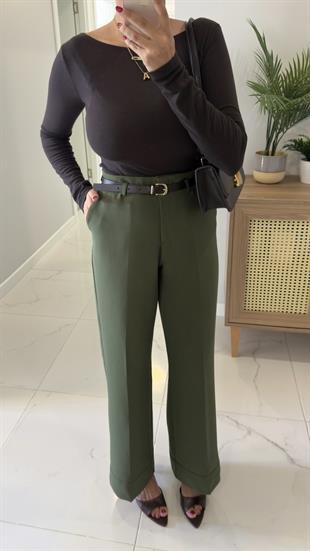 Orya Yeşil Kemerli Katlı Paça Pantolon