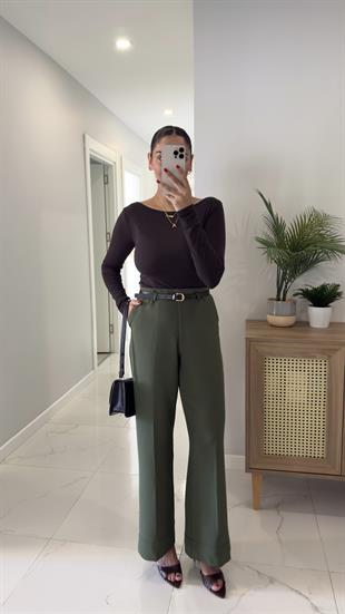 Orya Yeşil Kemerli Katlı Paça Pantolon