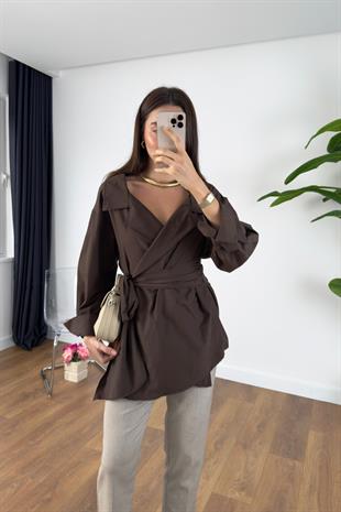 Oslan Acı Kahve Kuşaklı Poplin Gömlek