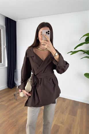 Oslan Acı Kahve Kuşaklı Poplin Gömlek