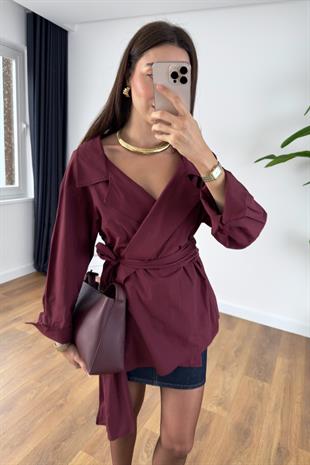 Oslan Bordo Kuşaklı Poplin Gömlek