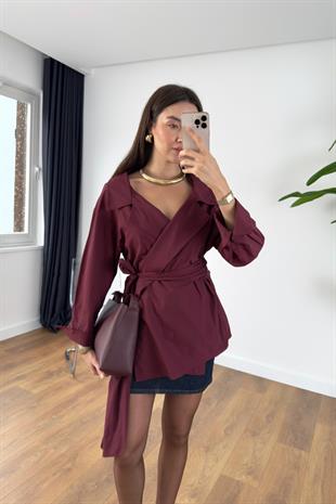 Oslan Bordo Kuşaklı Poplin Gömlek