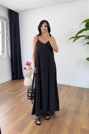 Ossy Siyah Askı Ayarlanabilir Maxi Boy Elbise