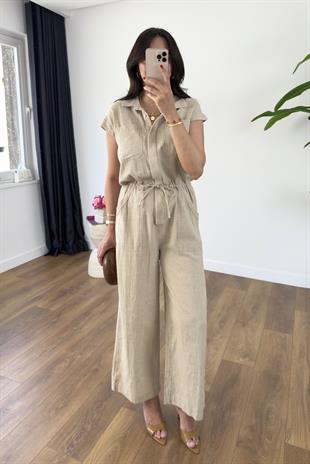 Oswin Taş Belden Büzgü İp Detaylı Keten Tulum