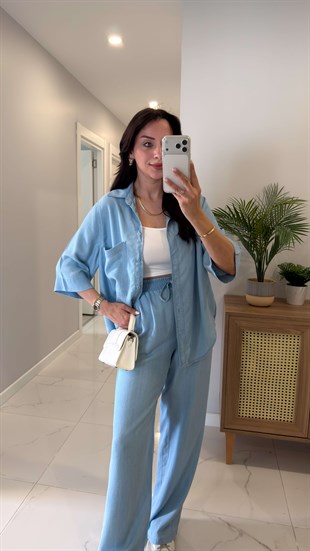 Oxford Buz Mavi Yarım Kol Tensel Denim Takım