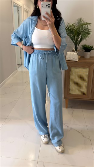 Oxford Buz Mavi Yarım Kol Tensel Denim Takım