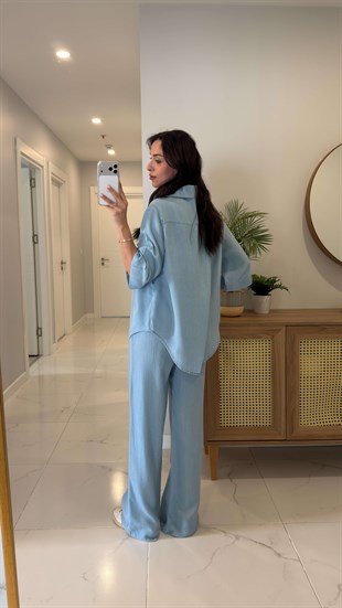 Oxford Buz Mavi Yarım Kol Tensel Denim Takım